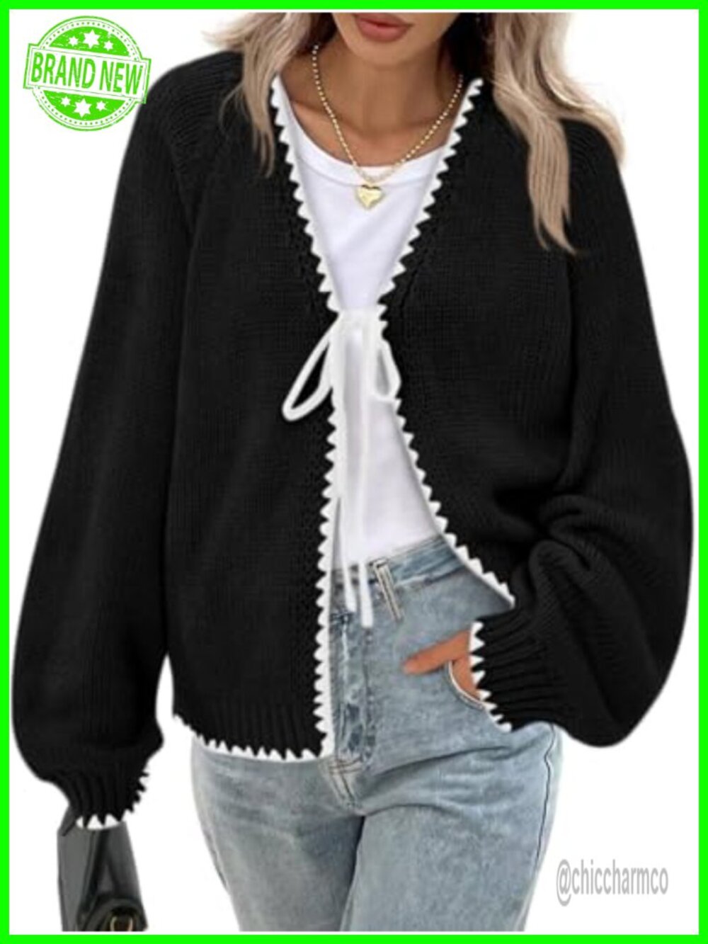Women's Tie Front Cardigan Sweater 70% Polyester 30% Acrylic Puff Sleeve